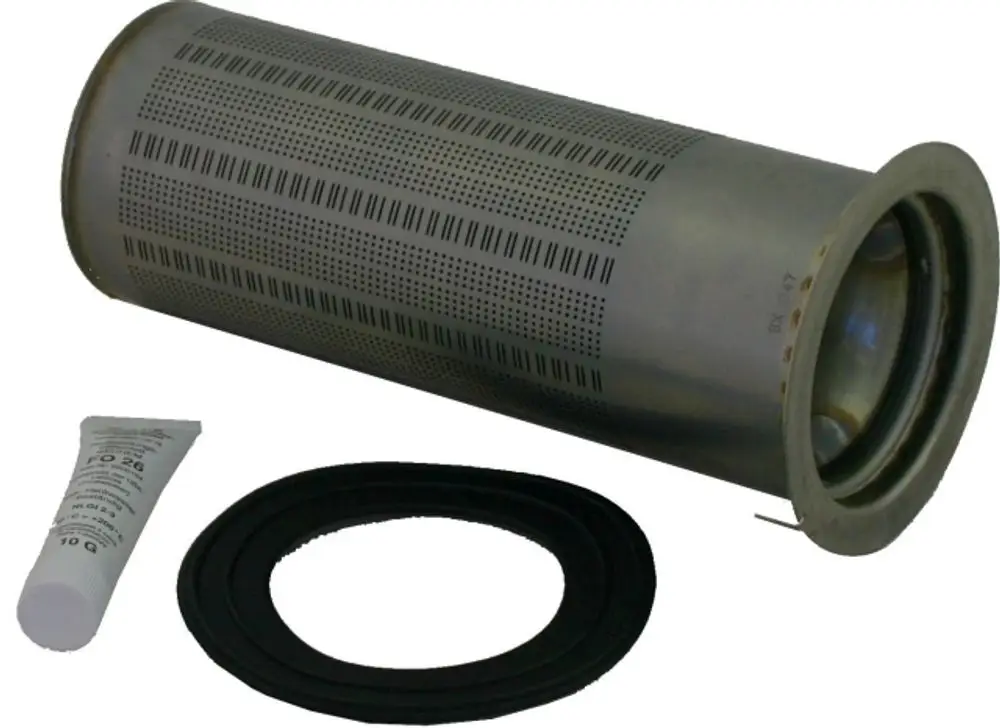 Gasbrenner, bestehend aus einem zylindrischen Metallteil mit Lochmuster, Gummi-Dichtungen und einer Tube mit Schmiermittel. Entwurf von Wolf.